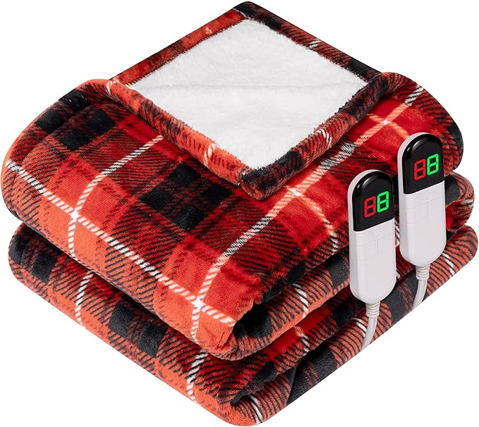 Red Christmas Electric Heated Blanket 90"x100", Fast Heating King with 8 Hours Auto Off/8 Heats Levels, Soft Plaid Sherpa with ETL Certification, Gift for Women Adults Keep Warm in Home Office