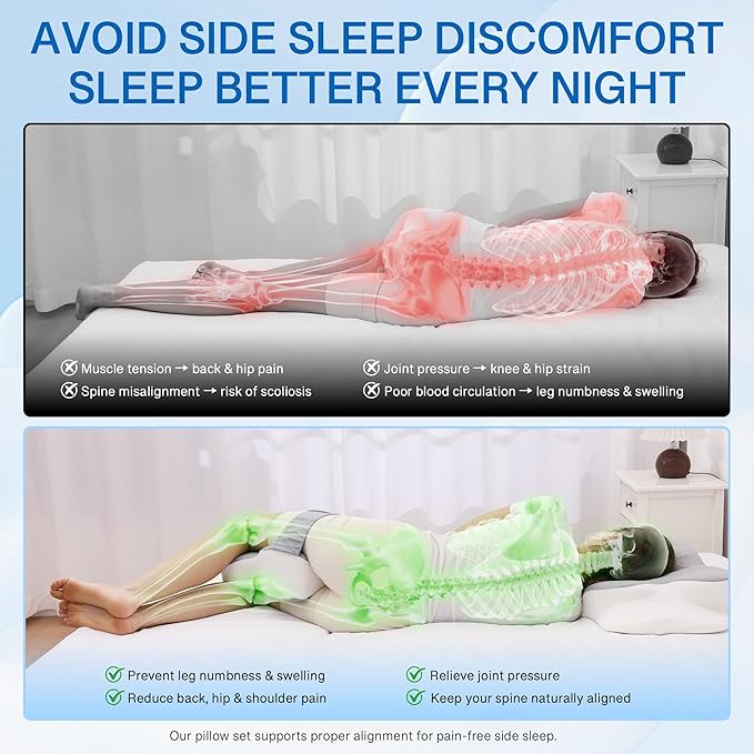 2-in-1 Side Sleeper Pillow for Adults Set–Ergonomic Contour Cervical Neck Pillow Memory Foam +Leg/Knee Pillow for Side Sleepers,Sciatica&Neck Pain Relief,Cooling Ice-Silk Removable Covers