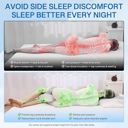 2-in-1 Side Sleeper Pillow for Adults Set–Ergonomic Contour Cervical Neck Pillow Memory Foam +Leg/Knee Pillow for Side Sleepers,Sciatica&Neck Pain Relief,Cooling Ice-Silk Removable Covers