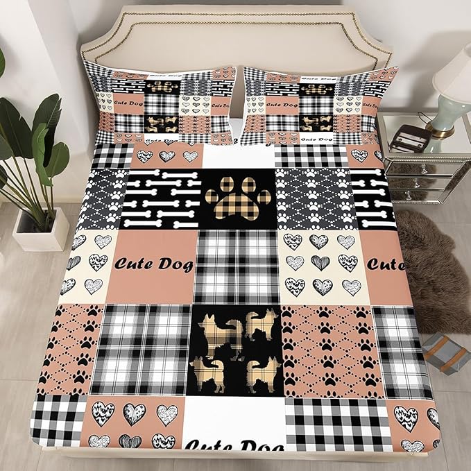 Cute Dog Fitted Bottom Sheet Twin Size,Cartoon Puppy Paw Print Sheet Set Soft Polyester Bedding(No Top Sheet),Splicing Geometric Cute Dog Animal Bed Cover(1 Fitted Sheet+1 Pillow Case)