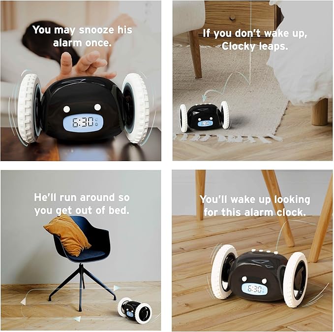 CLOCKY Alarm Clock on Wheels – Loud Rolling Alarm Clock for Heavy Sleepers | Runaway Clock That Jumps & Runs to Wake You Up | Funny Unique Gift for Adults, Teens & Kids Bedrooms (Black)