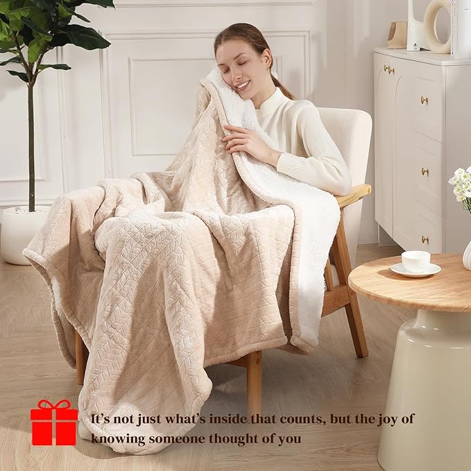 Electric Throw Blanket Heated Throw 50''x60''- Wheat Pattern Flannel & Sherpa Heated Lap Blanket with 5 Heat Settings & 4-Hour Auto Shut-Off, ETL & FCC Certified, Machine Washable Home Use, Beige