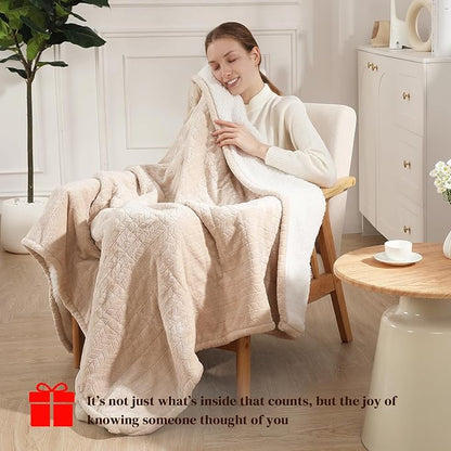 Electric Throw Blanket Heated Throw 50''x60''- Wheat Pattern Flannel & Sherpa Heated Lap Blanket with 5 Heat Settings & 4-Hour Auto Shut-Off, ETL & FCC Certified, Machine Washable Home Use, Beige