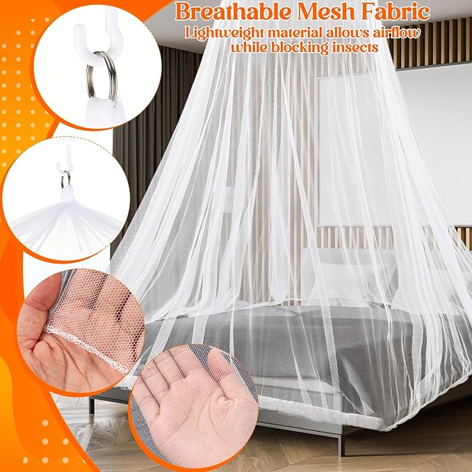 Fully Enclosed Mosquito Net Round Dome Canopy for King-Sized Beds No Opening Conical Design Bed Canopy for Insect Protection Easy Installation with Hanging Kit & Adhesive Ceiling Hook(White)