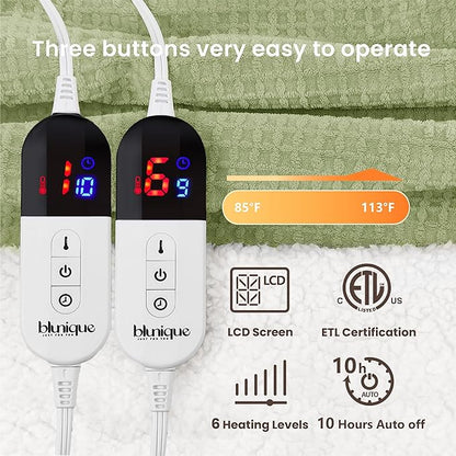 Heated Blanket Electric Blanket King Waffle, 90x100 Inches Dual Controllers Sherpa Fleece Fast Heating Blanket 6 Heating Levels & 10 Hours Auto Off ETL Certification, Sage King