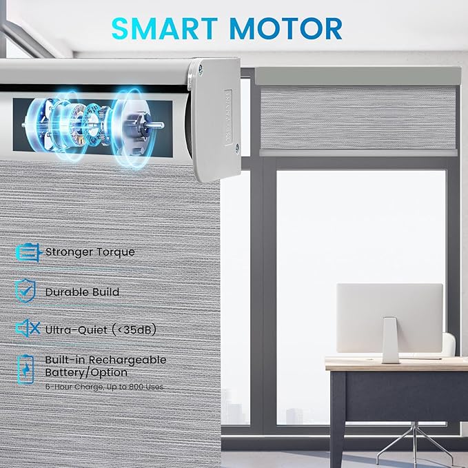 Motorized 100% Blackout Roller Shades – Custom Smart Blinds with Remote Control, Rechargeable Battery or Plug-in Motor, Tuya WiFi Optional, Home & Office Automatic Window Shades (Steel Gray/CH9424)