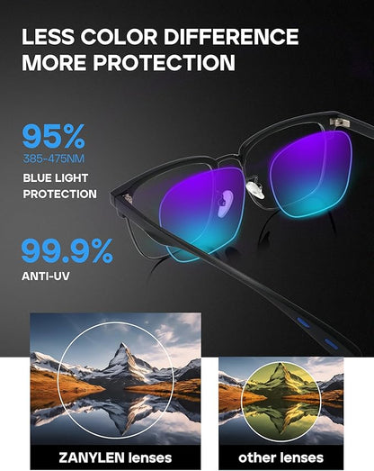 Blue Light Glasses Men Rectangle Large Browline Computer Gaming Glasses Blue Blocker Anti-Glare UV400 Protection Clear Lens