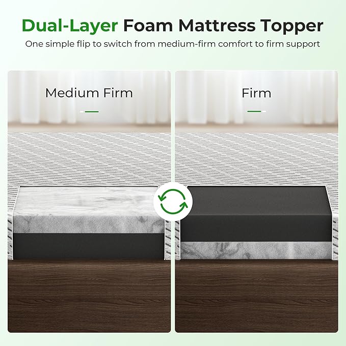 Bamboo Mattress Topper Queen Size 4 Inch, Cooling Gel & Bamboo Charcoal Memory Foam Mattress Topper for Back Pain Relief, Firm Dual-Layer Foam Bed Pad with Removable Cover