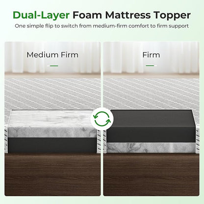 Bamboo Mattress Topper Queen Size 4 Inch, Cooling Gel & Bamboo Charcoal Memory Foam Mattress Topper for Back Pain Relief, Firm Dual-Layer Foam Bed Pad with Removable Cover