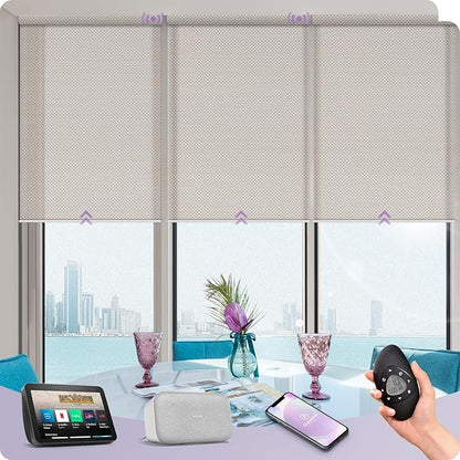 Graywind Motorized Solar Shades Light Filtering Mesh Shade Compatible with Alexa Google Remote Control Window Blinds with Valance for Smart Home Office Business, Custom Size (3% Openness Beige)