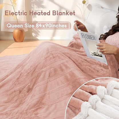 Heated Blanket Electric Blanket Queen Size 84''x90'' with 9 Heating Levels, 1-10 Hour Auto Shut Off, Machine Washable, Dual Controller Soft Warming Blanket for Couch, Bed, Office - Cozy Pink