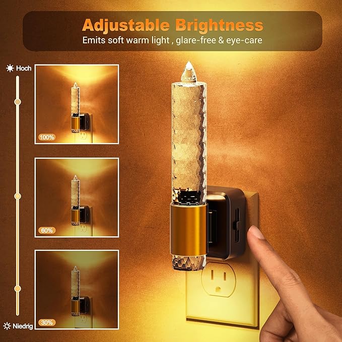 JandCase Night Light, Flameless Candle Amber Night Lights Plug into Wall 2 Pack, Auto On/Off Light Sensor Crystal Dimmable LED Nightlight, 0-100LM Decorative nite Light for Adults Bathroom Hallway