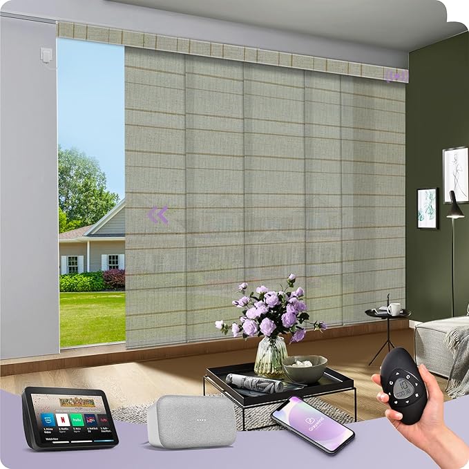Graywind Motorized Natural Sliding Panels Compatible with Alexa Google Light Filtering Smart Panel Track Blinds for Patio Sliding Door, Custom Size (Quarry)