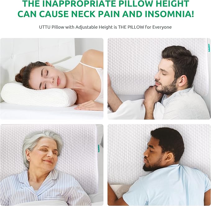 UTTU Cervical Pillow for Neck Strain Relief, Memory Foam Neck Pillow for Sleeping, Adjustable Orthopedic Sandwich Pillow, Contour Cooling for Side Back Stomach Sleeper, King(27.6"×15.7"×5.2"/4.5")