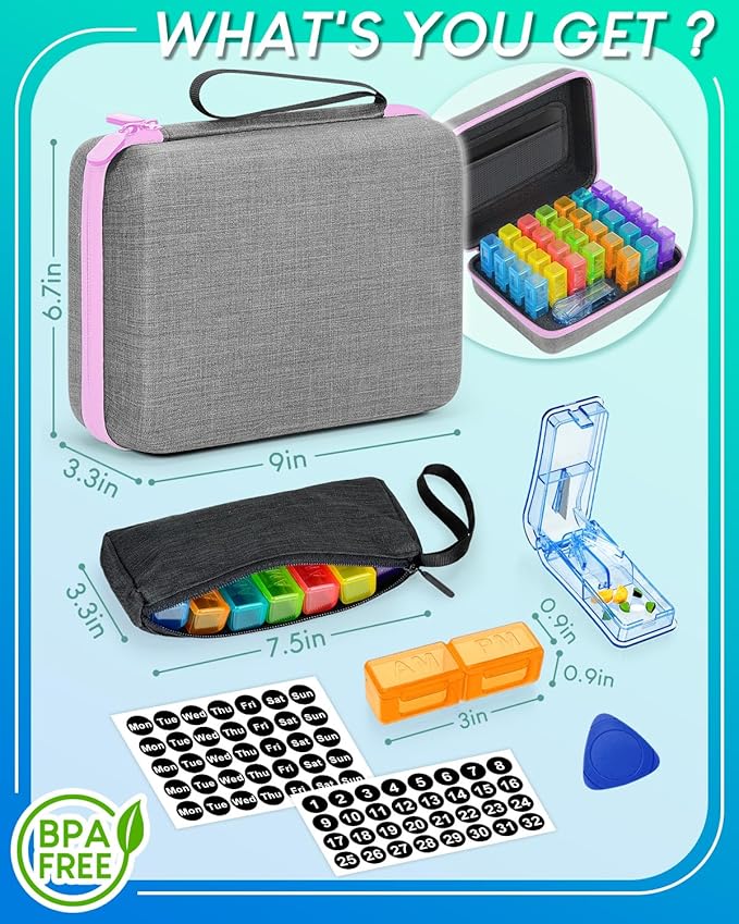 Monthly Pill Organizer 2 Times a Day with Weekly Pill Bags, Portable Hard Shell Case, Pill Cutter & Opener Pick, Monthly and Weekly Stickers for Medication Management (Purple, 2 Times a Day)