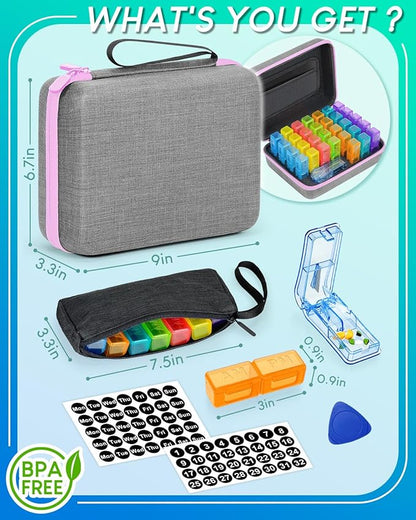 Monthly Pill Organizer 2 Times a Day with Weekly Pill Bags, Portable Hard Shell Case, Pill Cutter & Opener Pick, Monthly and Weekly Stickers for Medication Management (Purple, 2 Times a Day)