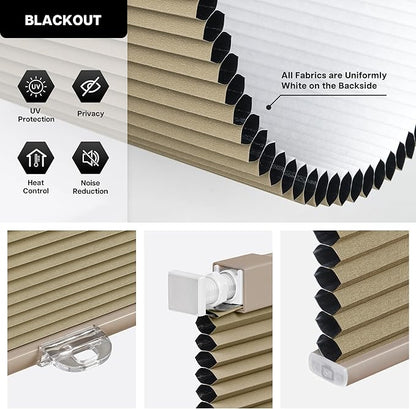 LazBlinds Cordless Cellular Shades, No Tools No Drill Blackout Honeycomb Shades Pleated Blinds for Windows, 40'' W x 48'' H, Taupe
