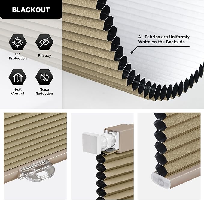 LazBlinds Cordless Cellular Shades, No Tools No Drill Blackout Honeycomb Shades Pleated Blinds for Windows, 28'' W x 48'' H, Taupe