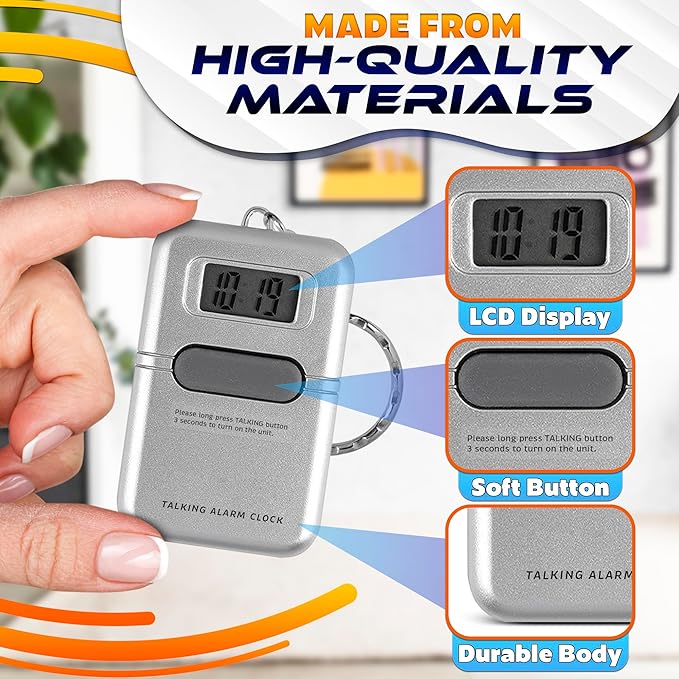 Talking Clock for Blind Elderly – Easy to Use Talking Clock Keychain for Visually Impaired with LCD Display, Built-in Alarm, Compact & Portable – Time Voice Announcement | Gifts for Blind People