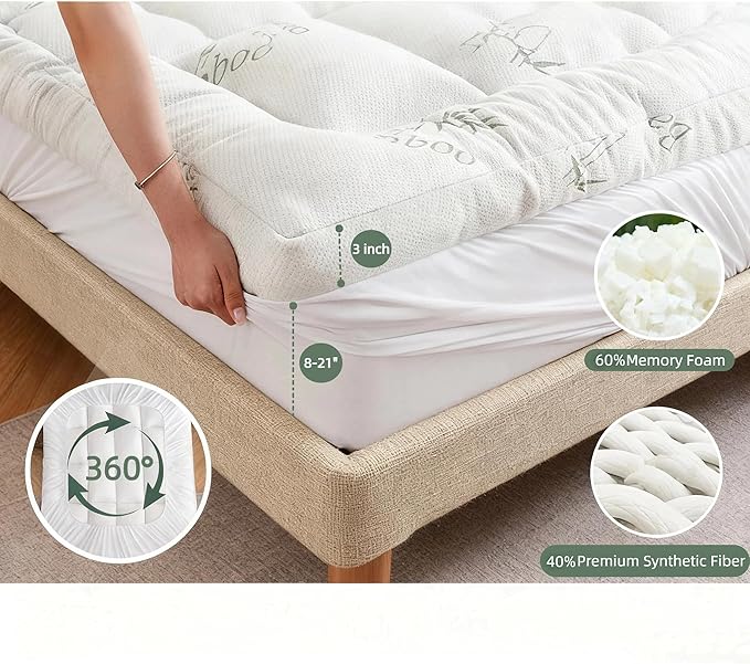 Bamboo Mattress Topper King Size with Deep Pocket 1700 GSM Fill Cooling Shredded Memory Foam Mattress Pad Rayon Derived from Bamboo, Ideal for Side Sleepers, Back Pain, Hot Sleepers