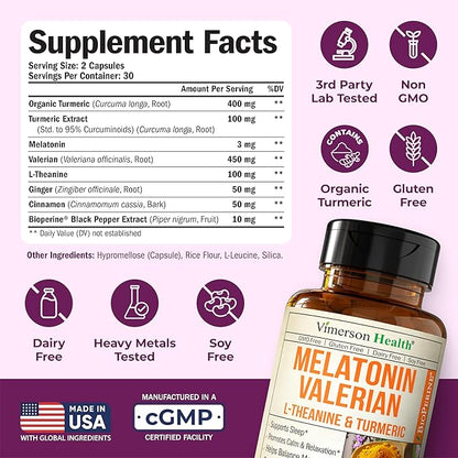 Melatonin 3mg Sleep Aid with L-Theanine & Valerian Root – Turmeric Curcumin Supplement with Ginger & Black Pepper – Organic Turmeric Supplement for Sleep, Calm and Stress Relief Support – 60 Capsules