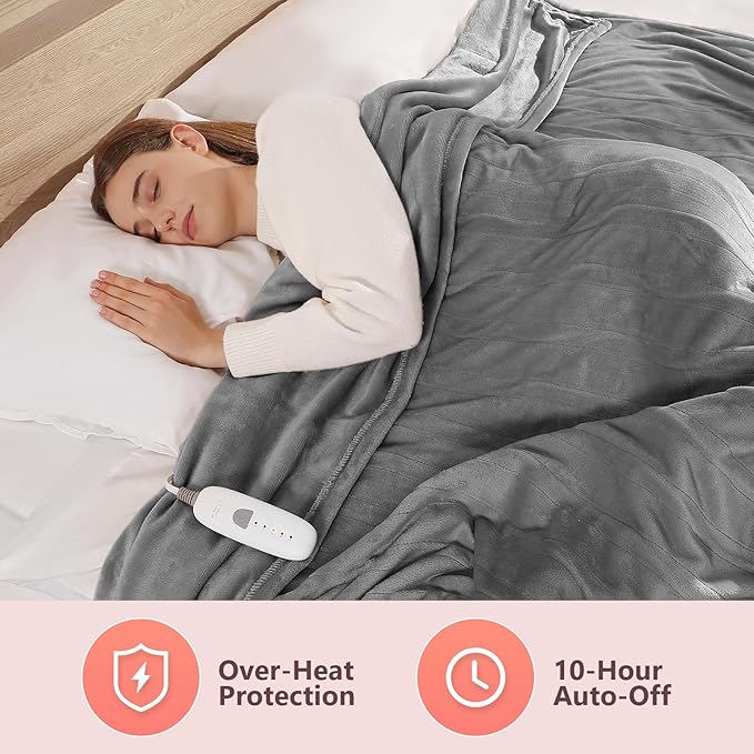 Electric Blanket Queen Heated Blanket Queen Size 84''X 90'' Soft Cozy Flannel with Dual Controller Heating Blanket of 5 Heating Level & 10 Hour Auto Off, ETL & FCC Certified, Machine Washable