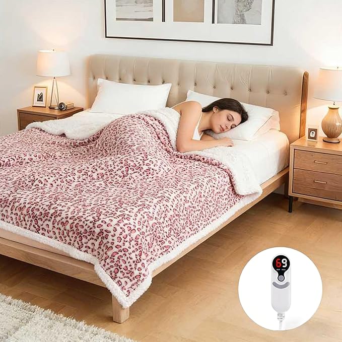 Electric Heated Blanket Full Size 72"x84", Ultra-Soft Plush with Overheat Protection, 9 Adjustable Heat Settings & 10-Hour Auto-Off Timer, Fast Heating for Winter Comfort, Pink White Leopard Print