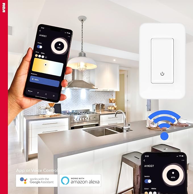 RCA 3-Way Smart Light Switch | Home Décor Smart Wall Switch 600W LED | Wireless Light Switch | Create Schedules via RCA App or WiFi Enabled Voice Control Google Assistant & Alexa Devices for Home