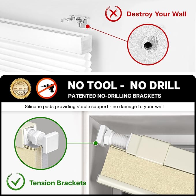 LazBlinds Cordless Cellular Shades, No Tools No Drill Blackout Honeycomb Shades Pleated Blinds for Windows, 32" W x 64" H, Soft Cream