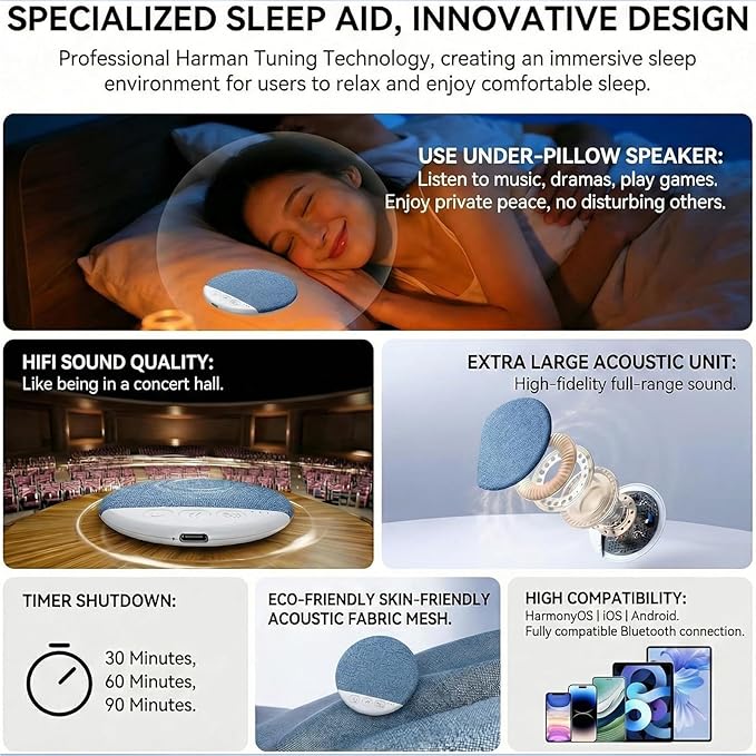 Sleep Speaker Under Pillow, Bone Conduction Pillow Speaker, Ultra-Thin Bluetooth Pillows Speakers with White Noise Sound, Volume Control & Auto-Off Timer