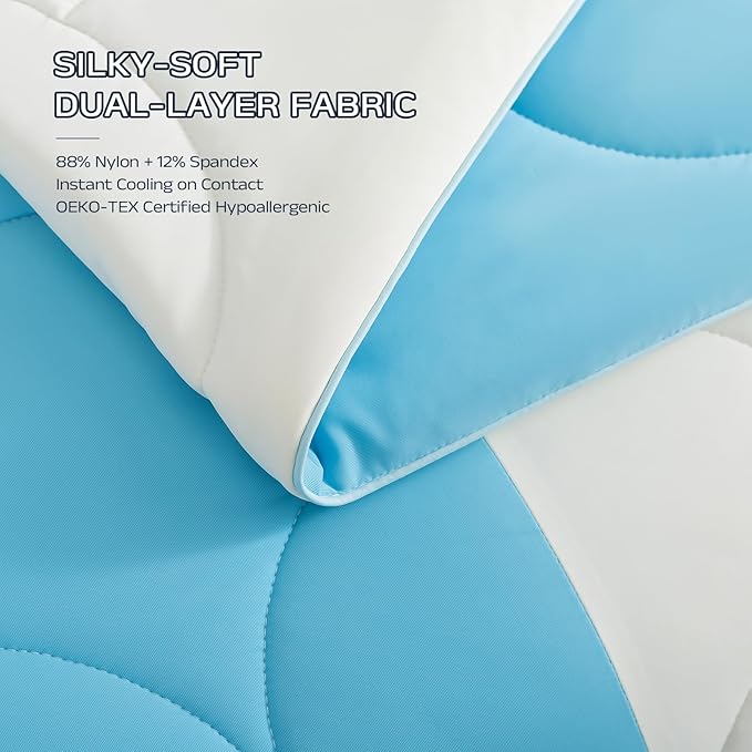 Cooling Blanket for Hot Sleepers - Queen Size Lightweight Breathable Tencel Blend, Double Sided All-Season Comforter, Temperature Regulating & Machine Washable (Blue+White, Queen (90''x90''))