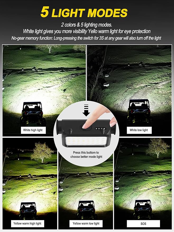 ZIDIYIRUO UTV Dome Lights, 32pcs LED Chips Type-C Rechargeable UTV Interior Light Compatible with Polaris RZR Ranger Can-Am Maverick Honda Talon 1.25"-2.0" Roll Bar Cage Roof Lights (2 Packs)