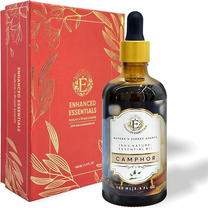 Luxurious Camphor Essential Oil by Enhanced Essentials| Slow Distilled & Pure| for Home Cleaning,Diffusers,Aromatherapy,Bath,Massage,Soap & Candle Making| 3.38 fl oz (100 ml)