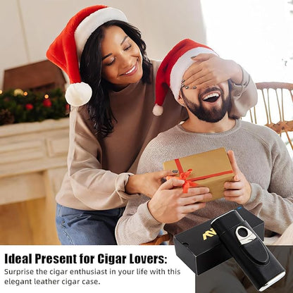 Leather Cigar Case, Travel Humidor Set, 3 Pack Black Cedar Wood Box with Cigar Cutter & Towel, Gift for Men, Portable Cigar Holder for Home & Travel, Mirror Base humidifiers Box Accessories