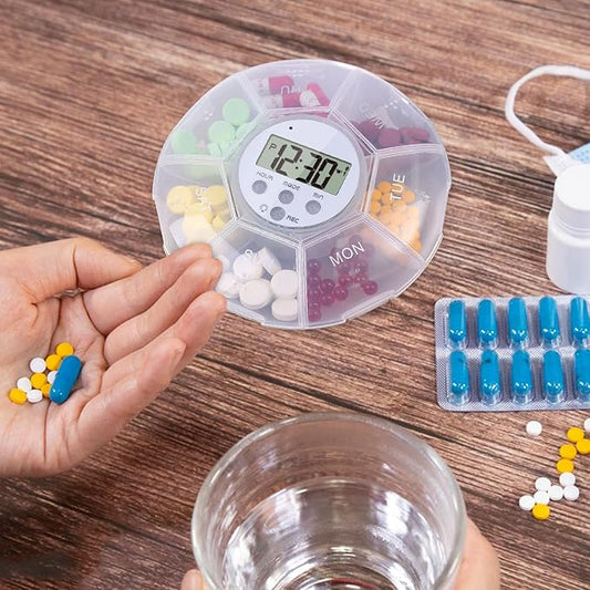 Smart Pill Dispenser - Travel Organizer, LED Light, Timer Reminder | 7 Compartment Medicine Storage Box, Portable Supplement Container with Voice Recording, Compact Health Care Organizer for Daily Use