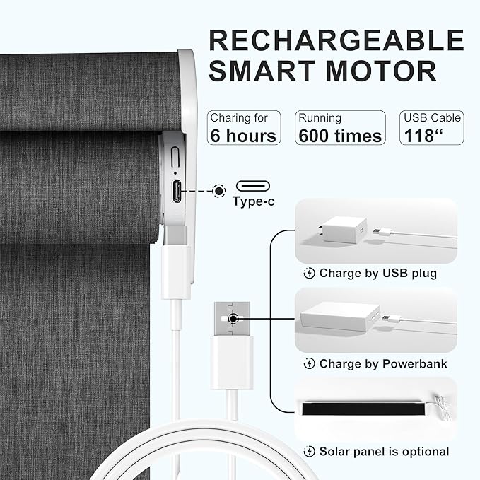 Motorized Blinds with Remote,Blackout Smart Roller Shades with App,Voice Control,Linen Fabric,Thermal Insulated Automatic Blinds,Electric Shades with USB/Solar Pannel.Double-Sided Black