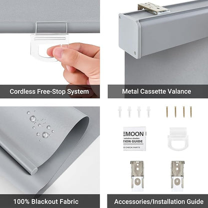 SHADEMOON Blackout Cordless Roller Shades for Windows,Free-Stop System Blind with Valance,Pull Down Room Darkening Indoor Shades,Thermal Insulated UV Blocking Fabric,Home Office(Grey,33" W x 72" H)
