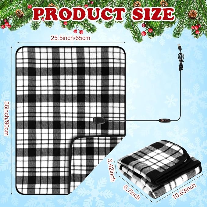 Tuanse 2 Pcs USB Heated Blanket 25"x35" Small Portable 5v 3 Setting Electric Blanket with Timer and Temperature Controller Winter Wearable Recharge Throw for Travel Home(White and Black Stripes)