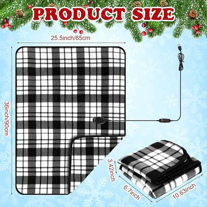 Tuanse 2 Pcs USB Heated Blanket 25"x35" Small Portable 5v 3 Setting Electric Blanket with Timer and Temperature Controller Winter Wearable Recharge Throw for Travel Home(White and Black Stripes)