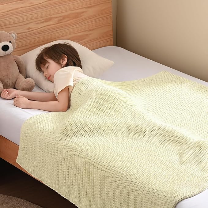 Guohaoi Knitted Weighted Blanket Kids (Cream 50"x60" 7lbs) No Beads Cooling Heavy Blanket, Home Decor Breathable Chunky Knit Throw Blanket for All-Season Use