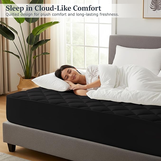 LUX Décor California King Mattress Pad - Quilted Elastic Fitted Mattress Cover Protector Upto 16 Inches Deep Pocket - Soft Breathable Noiseless Mattress Topper (Black “72 X 84”)