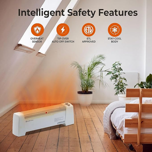 Comfort Zone 1500W Convection Baseboard Heater with Built-In Thermostat, Overheat & Tip-Over Protection, Dent-Proof Ends, Plug-In Portable, Ideal for Home, Bedroom & Office, White