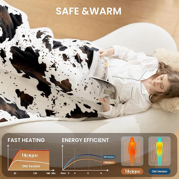 Heated Blanket Throw Electric Blanket with Foot Pocket, GentleSoft Flannel Blanket Throw with 10 Heating Settings,10 Hours Auto Off, Cow Print Cozy Soft, Washable, Warm Gifts (50x62 Inch)