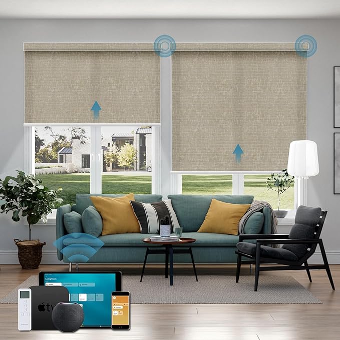 Motorized Light Filtering Roll Shades Work with HomeKit, 70% Blackout Smart Blinds for Windows, Electric Blinds with Remote, APP/Voice Control, Automatic Solar Shades, Texture Biscuit