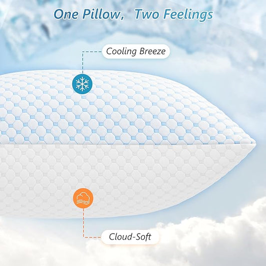 Cooling Firm Bed Pillows Set of 2, Shredded Memory Foam Pillows for Sleeping Luxury Gel Pillows for Side Back Stomach Sleepers with Removable Washable Cover(Blue, Queen)