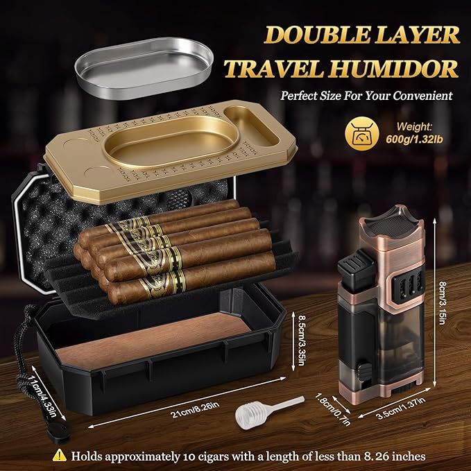 Travel Cigar Humidor Set with Torch Lighter, Ashtray, Holder, Humidifier & Hygrometer, Portable Travel Cigar Case with Cigar Accessories for Men Gift, Butane not included