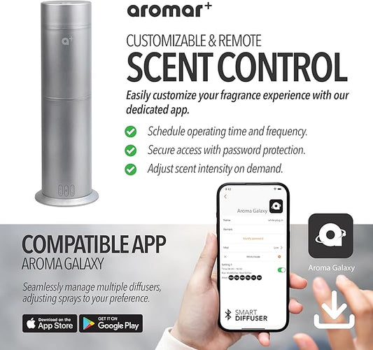 AROMAR Smart Waterless Oil Diffuser - Cold-Air Essential Scent Machine, App-Controlled, Covers 1000 Sq.Ft - Includes 'New York' Scent - Perfect for Home, Office, & Business use - Silver