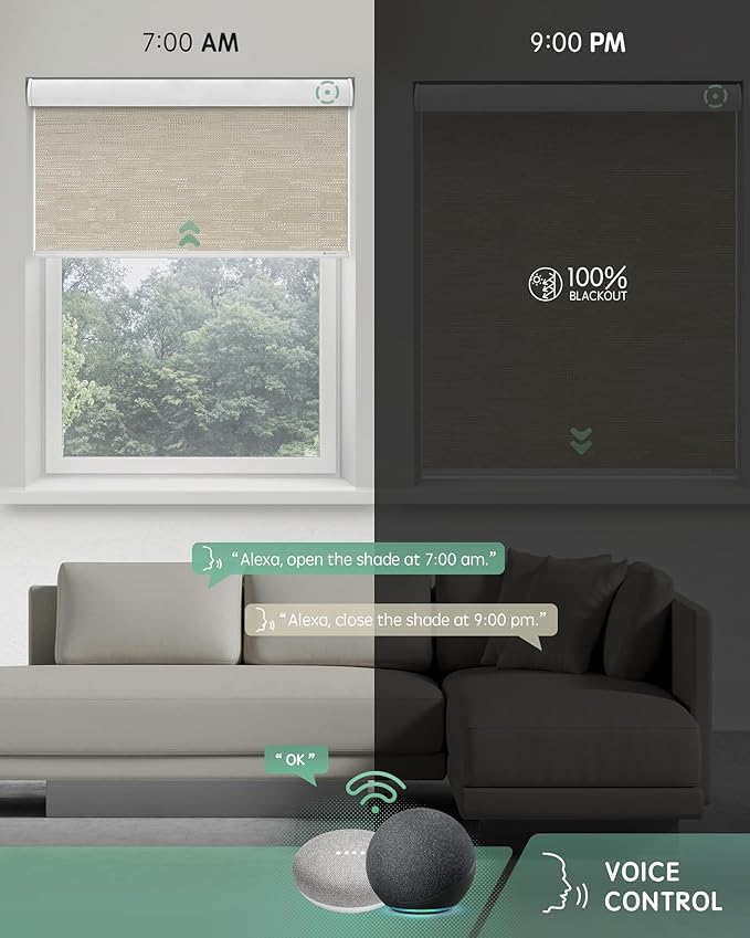 Yoolax Motorized Blinds with Remote, Blackout Smart Blinds for Indoor Windows, Automatic Shades Compatible with Alexa Roller Window Shades with Valance (Jacquard Coffee, 48" W x 72" H)