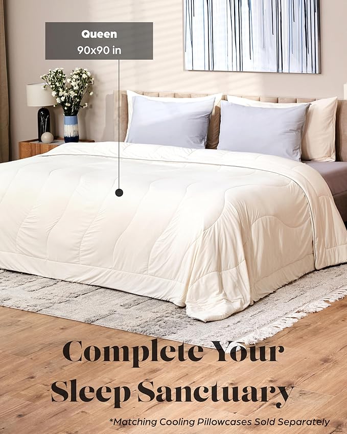 Lavish Comforts® Cooling Comforter, Full/Queen, Blanket for Hot Sleepers, All Season Bedding to Keep Cool for Night Sweats, Breathable Lightweight Blanket, 90"x90" Inches, Cool Cream