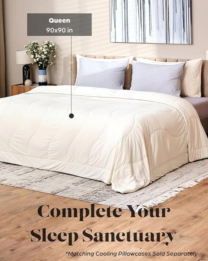Lavish Comforts® Cooling Comforter, Full/Queen, Blanket for Hot Sleepers, All Season Bedding to Keep Cool for Night Sweats, Breathable Lightweight Blanket, 90"x90" Inches, Cool Cream